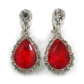 Ruby Red/Clear Crystal Teardrop Clip On Earrings In Silver Tone Metal - 33mm L