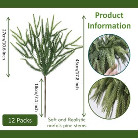 COLMOXY 12 Pcs 17.8 inchs Winter Norfolk Pine Stems,Real Touch Norfolk Pine Picks Artificial Christmas Branches DIY Crafts Faux Christmas Norfolk Pine Branches for Xmas Indoor Outdoor Home Decor