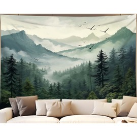 QGHOT Misty Forest Tapestry Nature Tree Tapestries Wall Hanging Foggy Large Wall Tapestry for Bedroom Living Room Home Decor 78.7L x 104W