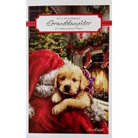Greeting Card For A Beautiful Girl Who Makes Us So Proud - To A Wonderful Granddaughter Merry Christmas with Santa and Golden Labrador Retriever Puppy Dog