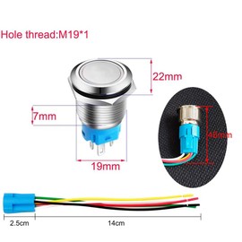 Gebildet 2 Pieces 19 mm Stainless Steel Short-Term Push Buttons 12V-24V 5A LED 1NO1NC SPDT ON Off Waterproof Momentary Push Buttons with Socket Plug (Blue + White LED)