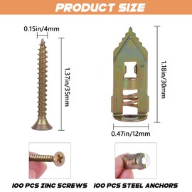 200PCS Self Drilling Drywall Anchors Screws Kit, 100 Anchors and 100 Screws for Heavy Duty, Upgraded Zinc Plated Steel,No Drill Needed,Perfect for TV, Bike, Shelf Straps, Cabinet & Fixing Curtains