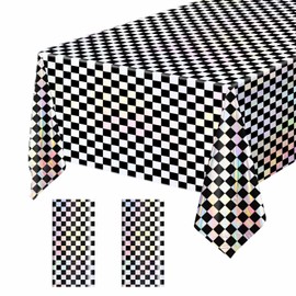 FALIZIFU 2 pcs Black and Iridescent Checkered Plastic Tablecloth, Shiny Disposable Laser Rectangle Table Covers or Picnic Camping Race Car Party Supplies