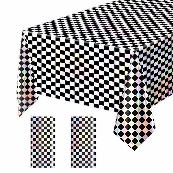 FALIZIFU 2 pcs Black and Iridescent Checkered Plastic Tablecloth, Shiny