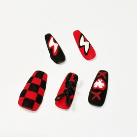 MNmagicnailPress On Nails Medium Design,Coffin Shape,Handmade,Reusable Mix "Black and Pink" Nails with Rabbit,Lightening and love heart,Stick Jelly Glue on Nails Sets,10 Nail Kit (rabbit, medium)