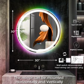 THEKLA 30 Inch GRB Led Round Mirror with 3 Color Front Lights + RGB Rainbow Color Changing Backlit Round Lighted Vanity Mirror for Bathroom Wall Dimmable AntiFog 30" RGB Circle Smart Light up Mirrors