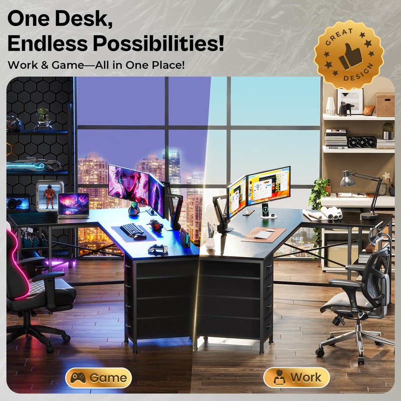 Huuger 63 Inch L Shaped Desk with Fabric Drawers, Reversible