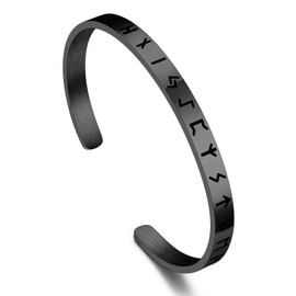 Bandmax Mens Black Viking Runes Cuff Bangle Bracelet Adjustable Slim Open Arm Cuff Stainless Steel Black Metal Wristband Nordic Viking Protection Amulet Jewelry