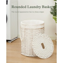 SETVSON Laundry Hamper with Lid Laundry Basket with Lid 19.0 Gal (72 L) Round Wicker Laundry Basket Handwoven Rattan Basket with Lid Removable Bag 2 Mesh Bags Handles for Living Room Bathroom White