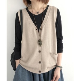 KOEKOI Women's Knit Vest, Spring, Autumn, Summer, Top, Pullover, Summer, Cardingan, Casual, Dressing, Solid, Retro, Knitting, Button Front, Layering Style, Knit Sweater, Body Cover, Sleeveless, V Neck