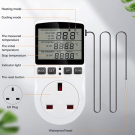 NEKOSUKI Digital Temperature Controller, LCD Screen Heating Cooling Reptile Thermostat with Sensor Probe for Snake, Lizard, Incubator, Brewing, Incubator, Greenhouse, Terrarium ℉/℃ 16A 230V