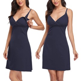 Vevarble Womens Maternity Dress Nursing Nightdress Pregnancy Breastfeeding Nightwear Hospital Gown Nightshirt Pyjamas-navy,s
