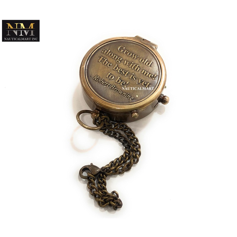 Grow Old Along with Me Engraved Brass Compass with Chain