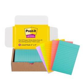 Post-it Notas con forro superadhesivo, 5 almohadillas para orejas adhesivas para notas, 4 x 6 pulgadas, 2 unidades de poder calcomanía, suministros escolares, productos de oficina, notas adhesivas