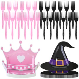 Zhehao 60 Sets Witch Party Plates Witch Party Decorations with Princess Tableware Dinnerware 10 Inch Disposable Paper Plates Black Pink Forks Birthday Supplies for Kids Boys Girls Favors