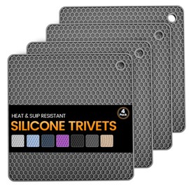 Silicone Trivet Mats 4 Heat Resistant Pot Holders Multipurpose Non-Slip Hot Pads for Kitchen Potholders, Drying mat, Jar Opener, Spoon Holder, Coaster.(Grey)