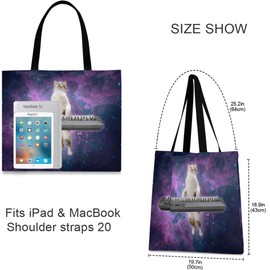 visesunny Women's Large Canvas Tote Shoulder Bag Purple Galaxy Sky Cat Animal Top Storage Handle Shopping Bag Casual Reusable Tote Bag for Beach,Travel,Groceries,Books