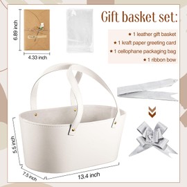 Wonderjune Leather Empty Gift Basket with Gift Bags Ribbons Greeting Cards Large Small Empty Basket Bag with Handle for wedding Bridal Shower Birthday Baby Shower Housewarming Gifts(White,Large)