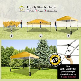 Crown Shades 10x10 Pop Up Canopy - Beach Tent with One Push Setup - Outdoor Sun Shade for Events, Parties, Camping - Gazebo with STO-N-Go Cover Bag, Silver Coated Top, 3 Height& 4 Sand Bags, Yellow