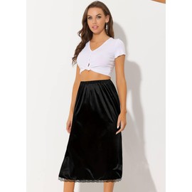 Ellames Women's 2 Pieces Lace Half Slips for Under Dresses Satin Long Underskirt Half Slip Shirt Skirt Extender Black & Nude 27" X-Large