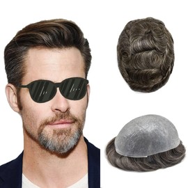 RESHE Ultra Thin Skin Mens Toupee 0.04mm Skin PU Toupee For Men Hair System V-Looped Mens Hairpiece Human Hair Replacement For Men 8X10-120% Medium Light To Medium Density#320#3 Dark Brown+20% Grey