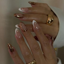 Gold Press on Nails Medium Almond Fake Nails with 3D Gold Line Design Stick on Nails French Tip False Nails Star Rhinestone Glue on Nails Nude Acrylic Nails for Women Manicure 24Pcs