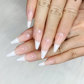 Morily 24pcs Fake Nails Pink White Glossy Medium Long Stiletto Almond Press on Nail False Tips Artificial Finger Manicure for Women (French)