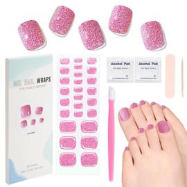 XEAOHESY 26pcs Semi Cured Gel Toe Nail Strips, Pedicure Nail Strips, Toe Nail Stickers, Needs to Be Cured, Come With Nail File, Wood Cuticle Stick, Prep Pads, Plastic Press Stick（Pink+Glitter）
