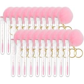 Juego de 20 cepillos desechables para limpieza con purpurina, varitas para rímel, tubos con forma de diamante, llavero con bola de piel sintética, cepillo para pestañas, herramienta de maquillaje y