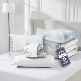 Nestl 9 Piece Queen Comforter Set – White Reversible Bed in a Bag – Complete Queen Size Bedding Set with Sheets, Set of 2 Cooling Pillows, Pillowcases and Shams