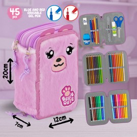Julian Ross Children's Pencil Case, 3 Organised Compartments, Pencil Case Boy Filled with Stationery, Boys and Girls School Pencil Case, 45 Pieces for School, Glue Stick, 20 cm, Pink Bear, pen holder