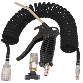 Qolekog Air Blow Gun kit with 16ft Long 8mm OD Coil PU Air Hose Air Duster Blow Gun Kit with PTC Adaptor (Black)