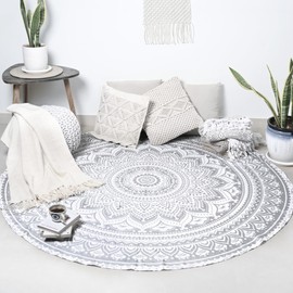 Round Ombre Tapestry - 72 Inch Silver Chakra Mandala Roundie Boho Hippie Tablecloth Pure Cotton Beach Throws for Picnic and Camping