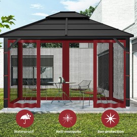 Gazebo Replacement Mosquito Netting Outdoor Universal Gazebo Canopy 4-Panels Screen Sidewalls with Zipper for Patio Garden (Red, 10x12)