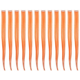 SWACC 12 Pcs Straight One Color Party Highlights Clip on in Hair Extensions Colored Hair Streak Synthetic Hairpieces (Orange)