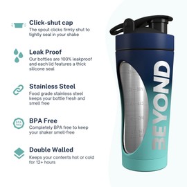 Beyond Shakers Insulated Metal Protein Shaker, Stainless Steel Supplement Bottle - BPA Free for Gym 735ml in Dark & Light Blue