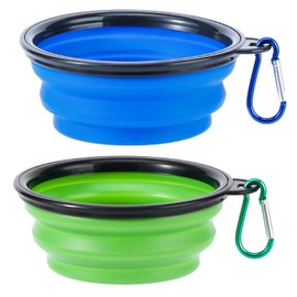 Collapsible Dog Bowls, 2 Pack Travel Dog Bowls, Portable Pet Feeding Water Dish for Pet Walking Parking Traveling with 2 Carabiners (Small, Blue+Green)
