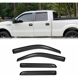 Puermto 94155 Side Window Wind Visor Vent Deflector fit for Ford F-150 2009-2014 SuperCrew/Crew Cab, 4pcs Out-Channel Tape On Dark Smoke Nice Sun Rain Guards Set
