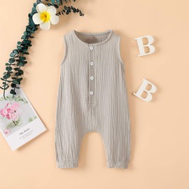 Arleysh Newborn Baby Girl Romper Jumpsuit Cotton Linen Sleeveless Ruffled Bodysuit Infant Summer Clothes Outfits (Grey, 6-12 Months)