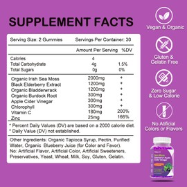 Organic Irish Sea Moss Gummies with Elderberry, Bladderwrack, Burdock, Apple Cider Vinegar, Chlorophyll, Natural Deodorant Digestion Energy Skin Hair & Immunity, Adults Kids Women Men, 60cts