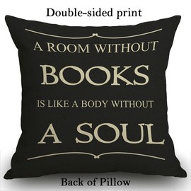Smooffly Book Lover Book Club A Room Without Books is Like A Body Without A Soul Cotton Linen Decorative Cushion Cover Throw Pillow Case Square 18X18 Inch