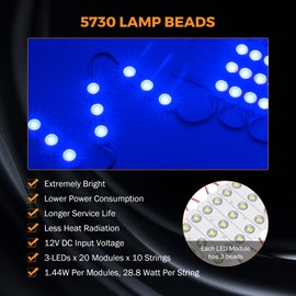 BEAMNOVA 100Ft Extremely Bright Blue Commercial Storefront Light for Business 200pcs 3-LED Modules 12v Adhesive Waterproof Strip Lights, 40-45lm Per LED, Modules Only, Power Supply NOT Included