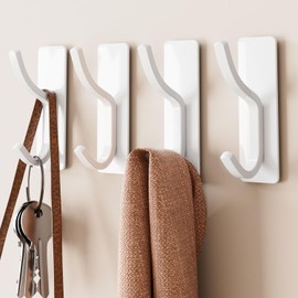 GWAAZXGZ Self Adhesive Hooks for Wall - 4 Pack Matte White Curved Double Hooks, Multi-Use Hangers for Coats, Towels & Robes, No Damage Removable Organizers for Bathroom & Bedroom Doors