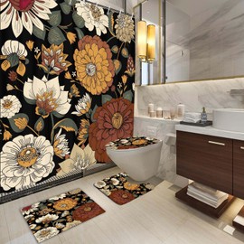Boho Floral Botanical Shower Curtain Set with Rugs, Mid Century Morden Abstract Flowers Tropical Leaves Bathroom Accessories Sets Non-Slip Mats, Bath Curtains with Bath Mats and Toilet Lid Seat Cover