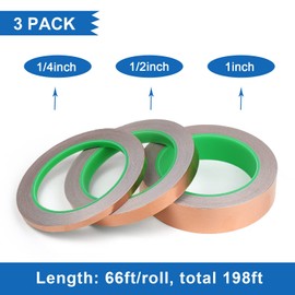 Copper Foil Tape 3 Pack (1inch 1/2inch 1/4inch x 66ft) with Conductive Adhesive for Electrical Repairs, Guitar or EMI Shielding, Stained Glass, Paper Circuits, BOMEI PACK