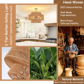 23.6" Rattan Light Fixtures Ceiling Mount, 6-Light Boho Flush Mount Ceiling Light with 3-Tier Hand-Woven Drum Shade, Rustic Rattan Chandelier for Dining Room Living Room Kitchen Island Farmhouse Foyer