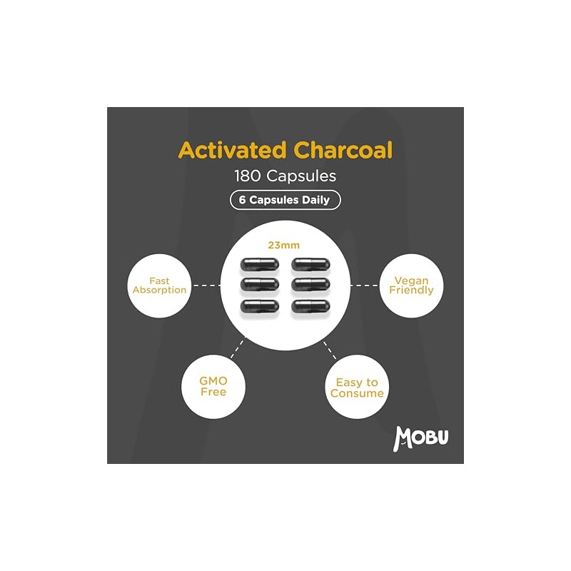 Activated Charcoal Capsules 2000mg – 180 Capsules | Helps Reduce