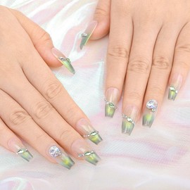 Sethexy Long Coffin Nails Press On Rhinestone Colour Gradient Fake Nail Pearl False Nails Cat Eye Glued Nails for Women and Girls Pack of 10