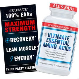 Ultimate 100% Essential Amino Acid Supplement for Cutting, Fasting & Workouts - All 9 EAAs, 40% Leucine — Ideal BCAA Ratio for Energy, Muscle & Recovery - 300 Easy-to-Swallow Keto & Vegetarian Tablets