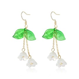ecozran Floral Dangle Earrings for Women Lily of The Valley Earrings with Long Tassel Fringe Elegant White Fairy Drop for Summer Boho Chic Leaf Flower Jewelry Gift(lily of the valley A) (lily of the valley A)